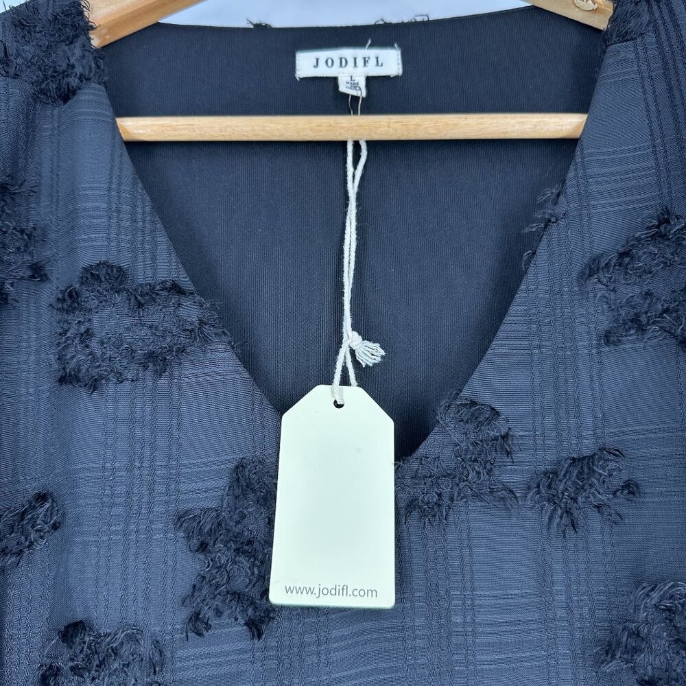 Jodifl Black Polyester Textured V-Neck Long Sheer Balloon Sleeve Blouse Size L - Picture 6 of 10